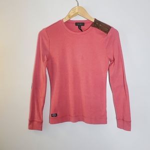 LRL Lauren Ralph Lauren Pink long sleeve fitted top leather elbow patch detail